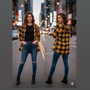 Yellow and Black Plaid Hooded Shirt